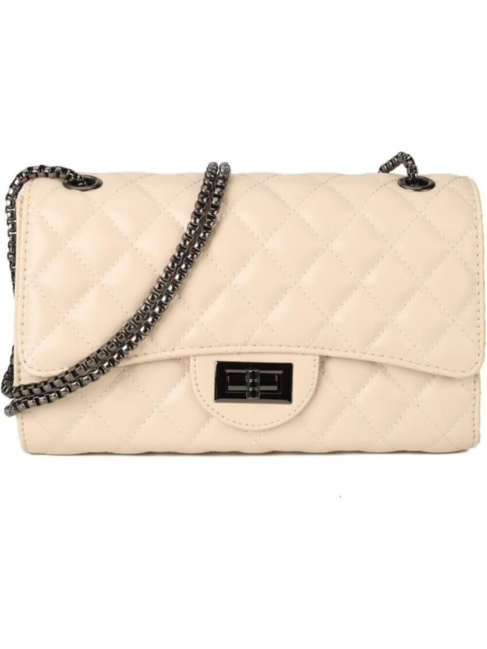 Women Beige PU Quilted Stylish Crossbody Bags with Chain Strap & Flap Closure